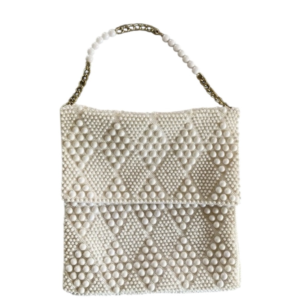 Vintage Mid Century White Beaded Handbag Handmade in‎ Hong Kong